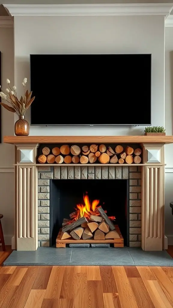 A cozy fireplace with neatly stacked firewood and a TV above it.