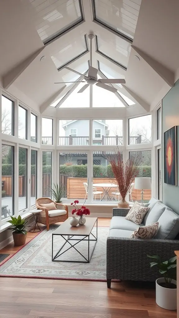 A bright and airy sunroom with large windows, a comfortable sofa, and a coffee table.