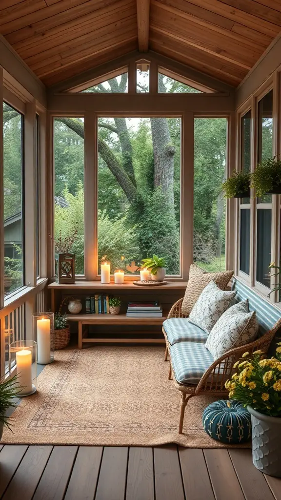 A cozy screened-in porch with comfortable seating, candles, and plants, surrounded by nature.