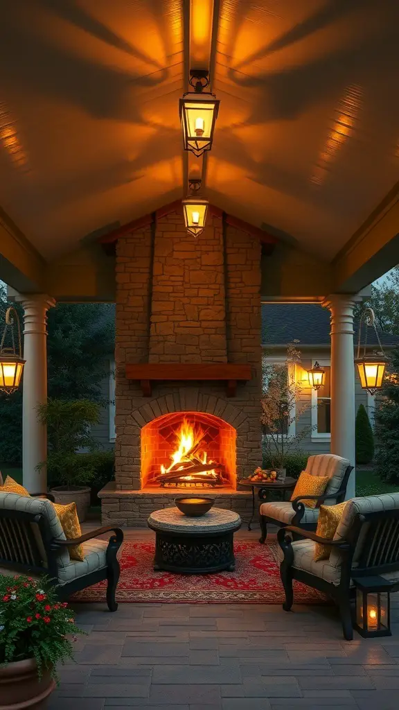 Cozy outdoor fireplace on a covered porch with comfortable seating and warm lighting.