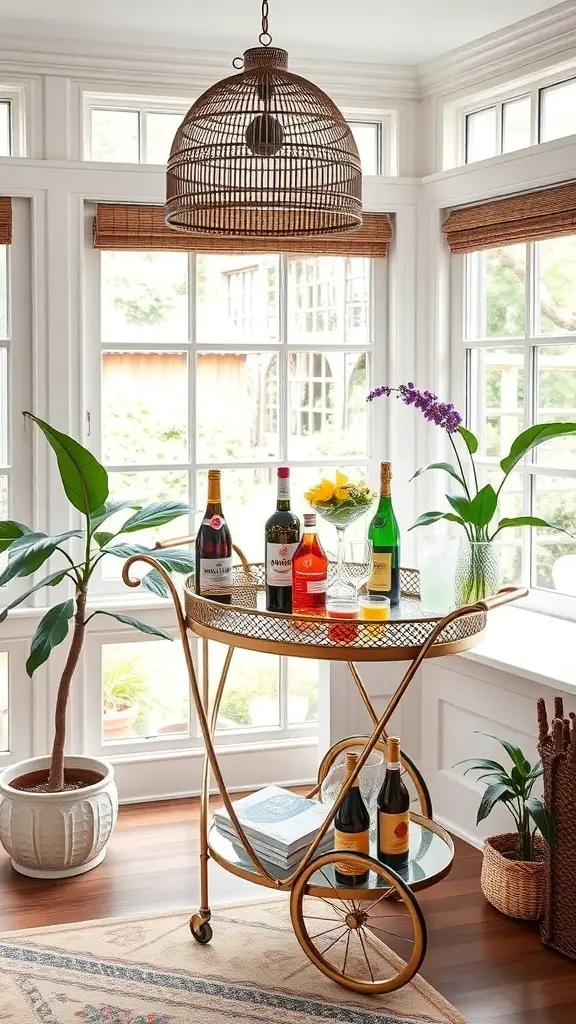 25+ Stylish Sunroom Furniture Ideas for a Cozy Retreat 3 A chic bar cart in a sunroom with various bottles, flowers, and a cozy atmosphere.