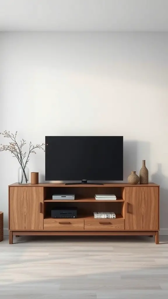 27+ Creative TV Stand Decor Ideas 9 A minimalist TV stand with a television, decorative vases, and a clean design.