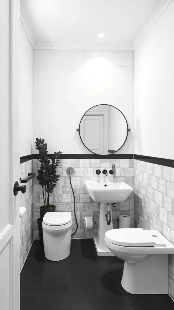 25+ Stunning Black and White Bathroom Ideas You’ll Love 11 A black and white bathroom featuring a compact layout with a circular mirror and a small plant.