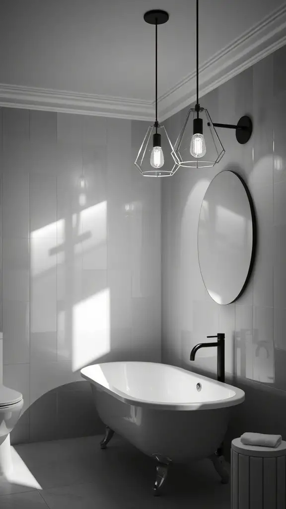 25+ Stunning Black and White Bathroom Ideas You’ll Love 9 A modern black and white bathroom featuring pendant lights, a round mirror, and a stylish bathtub.