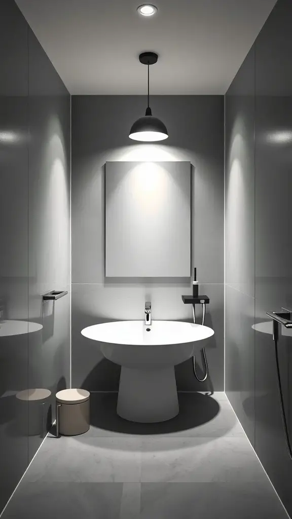 23+ Stunning Black and White Bathroom Ideas You'll Love 10 A modern black and white bathroom featuring a round sink, minimalist design, and creative lighting.
