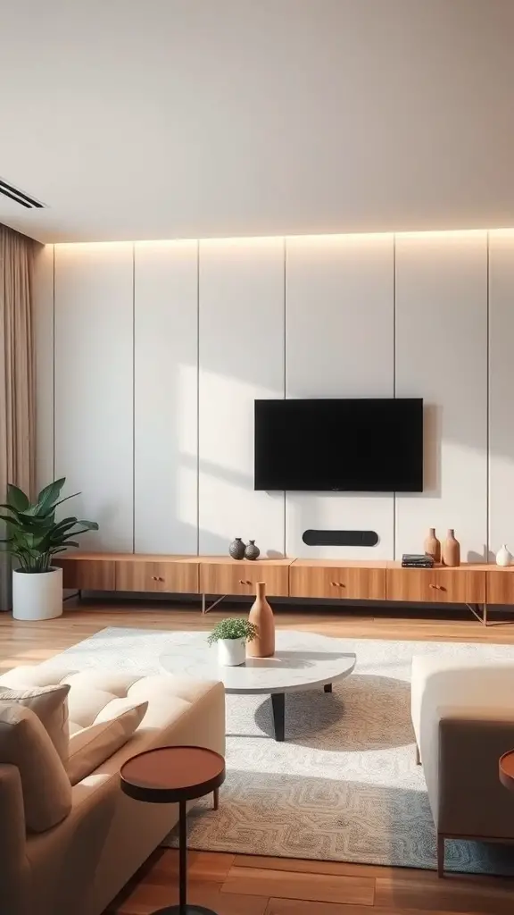 25+ Creative TV Wall Paneling Ideas for a Stylish Living Room 3 A modern living room featuring minimalist paneling behind a TV, with light colors and simple furniture.