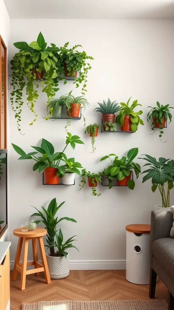 A wall with various plants in terracotta pots arranged on shelves, showcasing a lively plant wall design for small spaces.