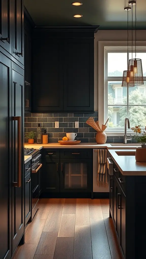 A modern kitchen featuring black cabinetry and wooden accents, illuminated by stylish lighting fixtures.