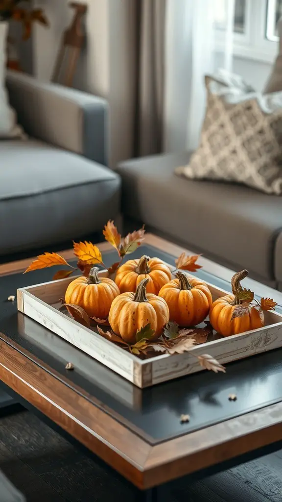 A cozy coffee table decorated with small pumpkins and autumn leaves in a wooden tray.