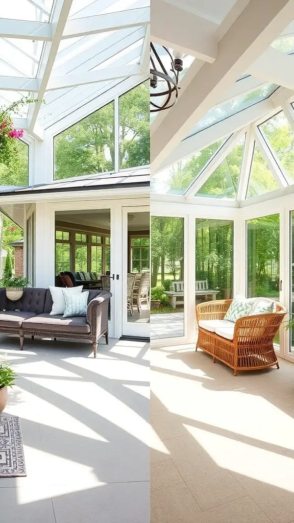 A sunroom featuring traditional wicker furniture on one side and contemporary design elements on the other, showcasing a blend of styles.