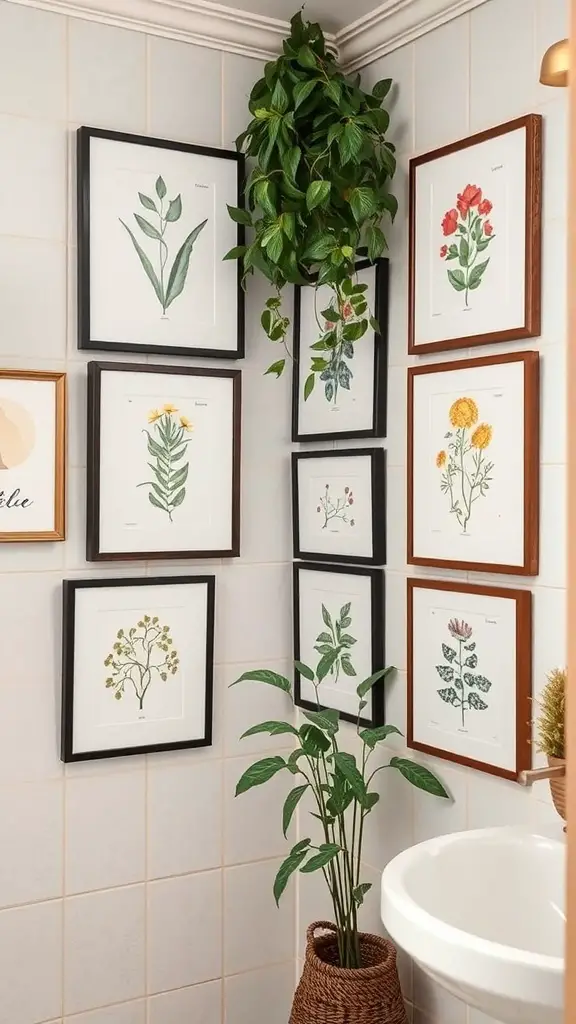 25+ Trending Bathroom Wall Decor Ideas You’ll Love 4 A collection of framed botanical prints displayed in a bathroom corner with plants.