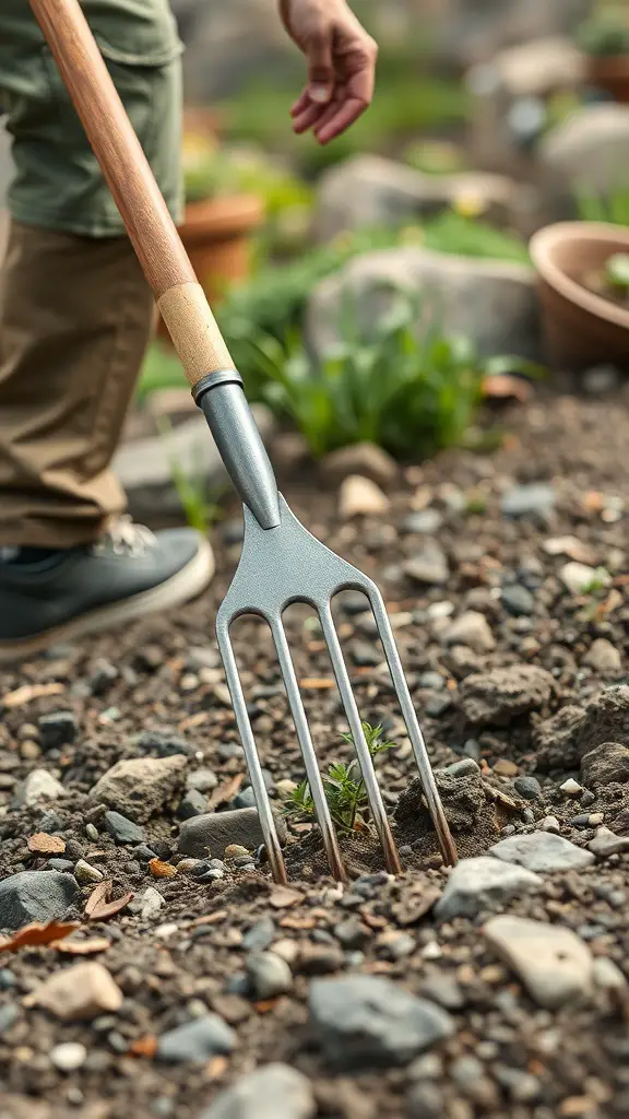 A person using a heavy-duty rake in a garden setting.
