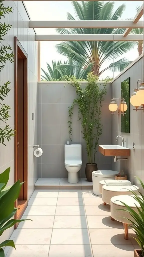 An outdoor restroom featuring modern design elements, plants, and natural light.