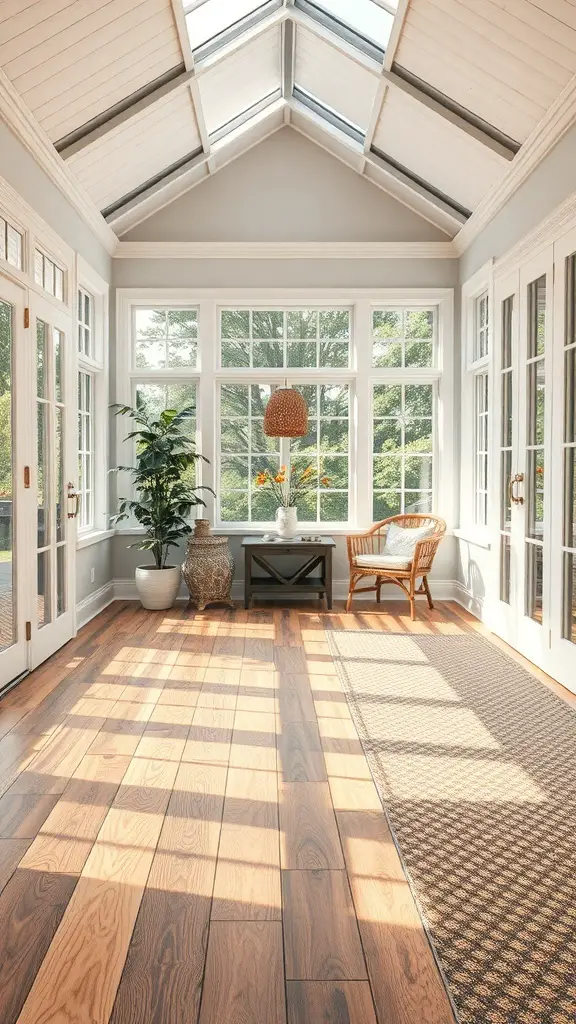 29+ Stunning Porch to Sunroom Conversion Ideas to Transform Your Home 4 A bright sunroom with wooden flooring, large windows, and a cozy seating area.