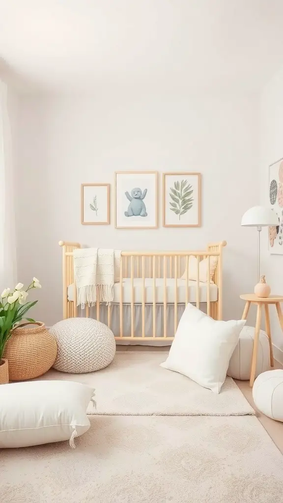 27+ Adorable Neutral Baby Room Ideas to Inspire Your Nursery Design 7 A neutral baby room featuring a wooden crib, pastel artwork, and soft pillows.