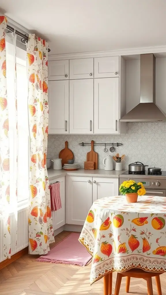 A cozy kitchen featuring playful strawberry-patterned curtains and tablecloth.