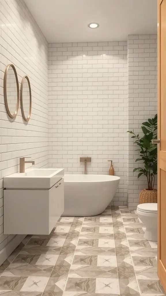 A modern bathroom featuring geometric tile patterns on the floor, white subway tiles on the walls, and a stylish bathtub.