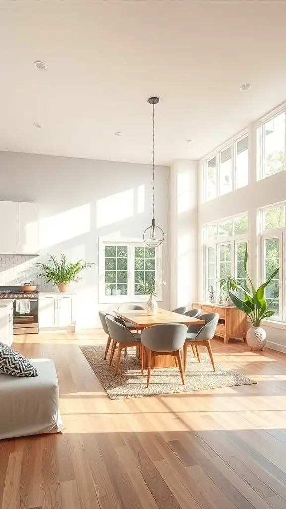 Bright open kitchen and living room with large windows and natural light