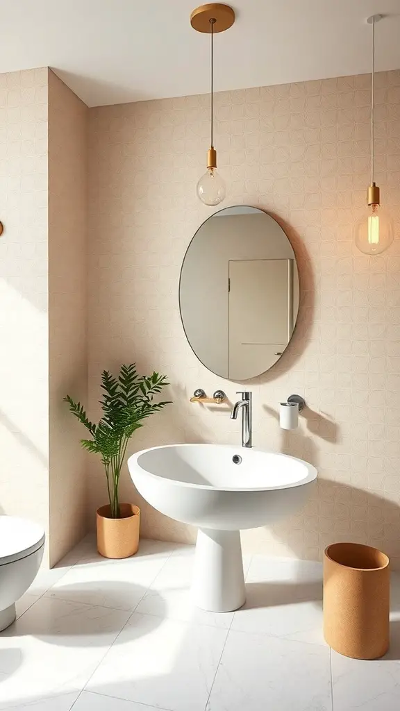 A modern bathroom featuring a sculptural sink design with a round bowl on a pedestal, surrounded by warm-toned pots and soft lighting.