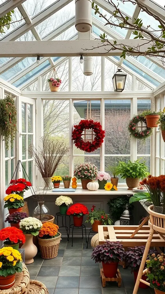 29+ Stunning Attached Greenhouse Sunroom Ideas for Your Home 6 A greenhouse sunroom decorated with colorful flowers and seasonal decor.