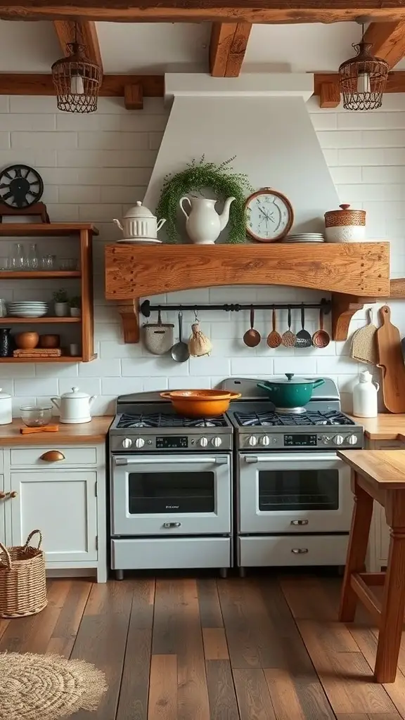 29+ Stunning Double Oven Kitchen Layout Ideas 3 Farmhouse style kitchen with double ovens, wooden shelves, and rustic decor