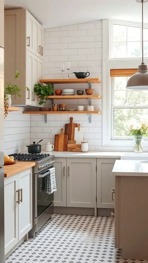A small kitchen featuring a shiplap backsplash, open shelving, and light cabinetry.