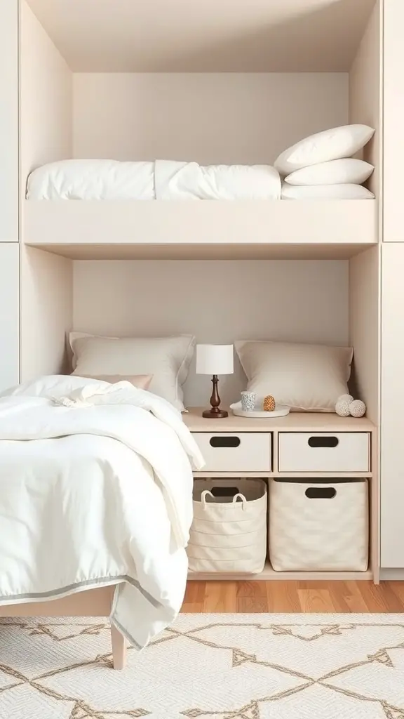 A cozy bedroom with a bed and under-bed storage bins