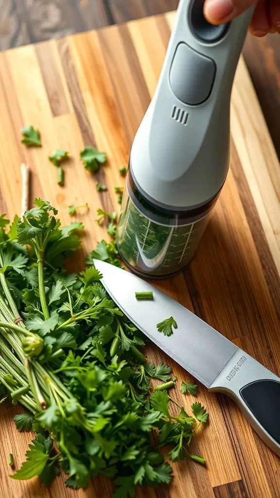 25 Unique Kitchen Gadgets You Didn't Know You Needed 7 A multi-functional herb stripper and chopper being used on fresh cilantro on a wooden cutting board.