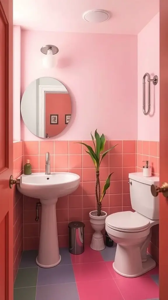 A small bathroom with pink walls, colorful floor tiles, and a plant.