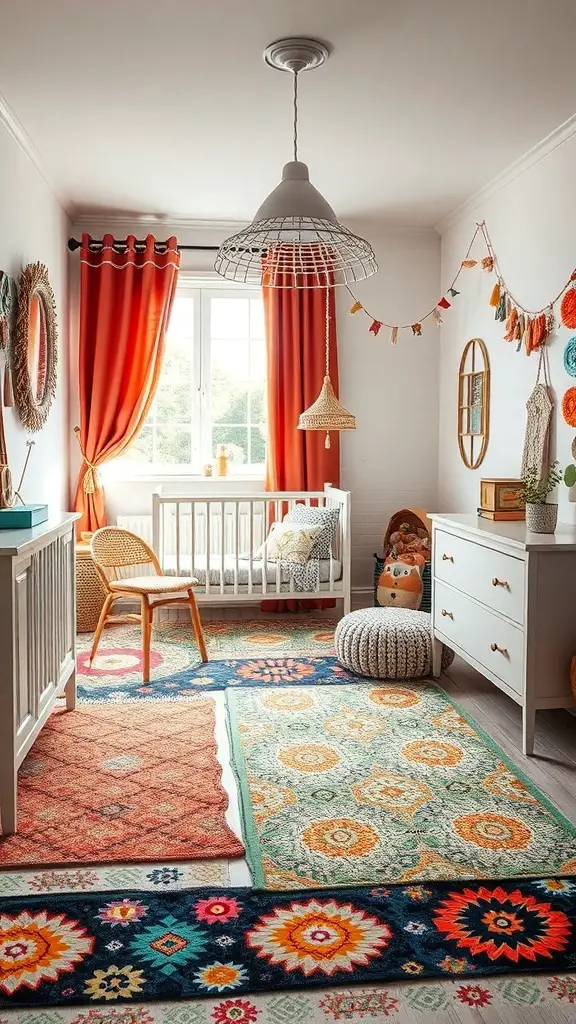 A colorful nursery featuring various funky rugs and textiles, with bright curtains and playful decor.
