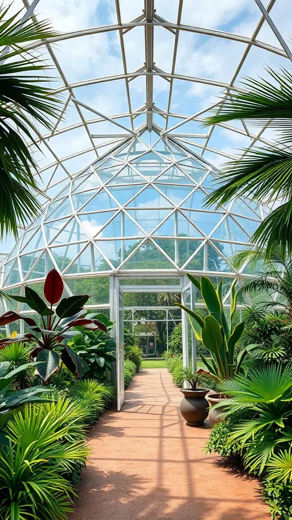 29+ Creative DIY Greenhouse Ideas for Your Garden 16 Interior view of a geodesic dome greenhouse with lush plants and a clear sky