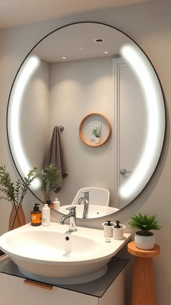 25+ Creative Bathroom Mirror Ideas to Elevate Your Space 10 A modern bathroom featuring a round mirror with built-in lighting, a sink, and decorative plants.