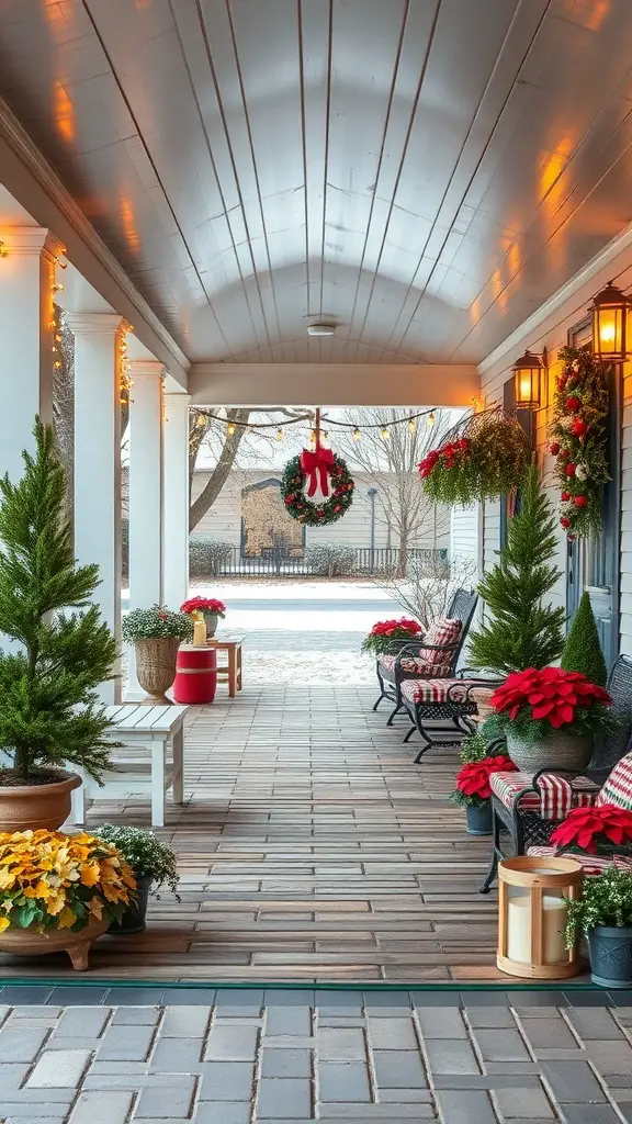 A beautifully decorated covered porch for winter with festive decorations and plants.