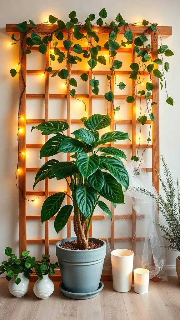A wooden trellis with vines and fairy lights, featuring a large green plant in a pot and smaller plants nearby.