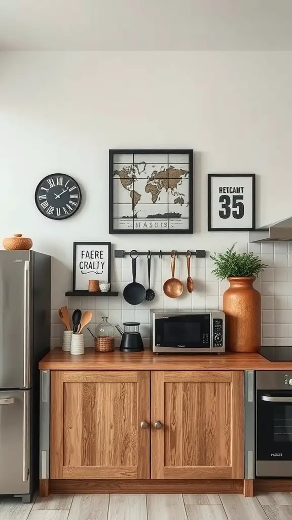 A kitchen featuring artistic wall art in black and brown tones, including a world map and framed typography.