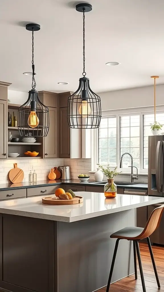 Two black cage pendant lights hanging over a kitchen island with a modern design.