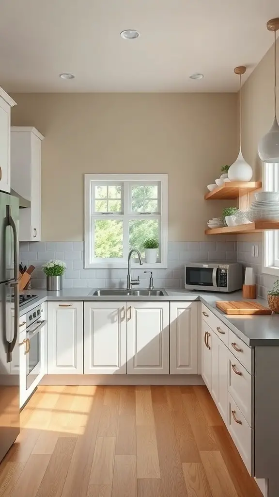 23+ Stunning U-Shaped Kitchen Layout Ideas 16 A well-designed U-shaped kitchen with white cabinets, wooden flooring, and natural light.