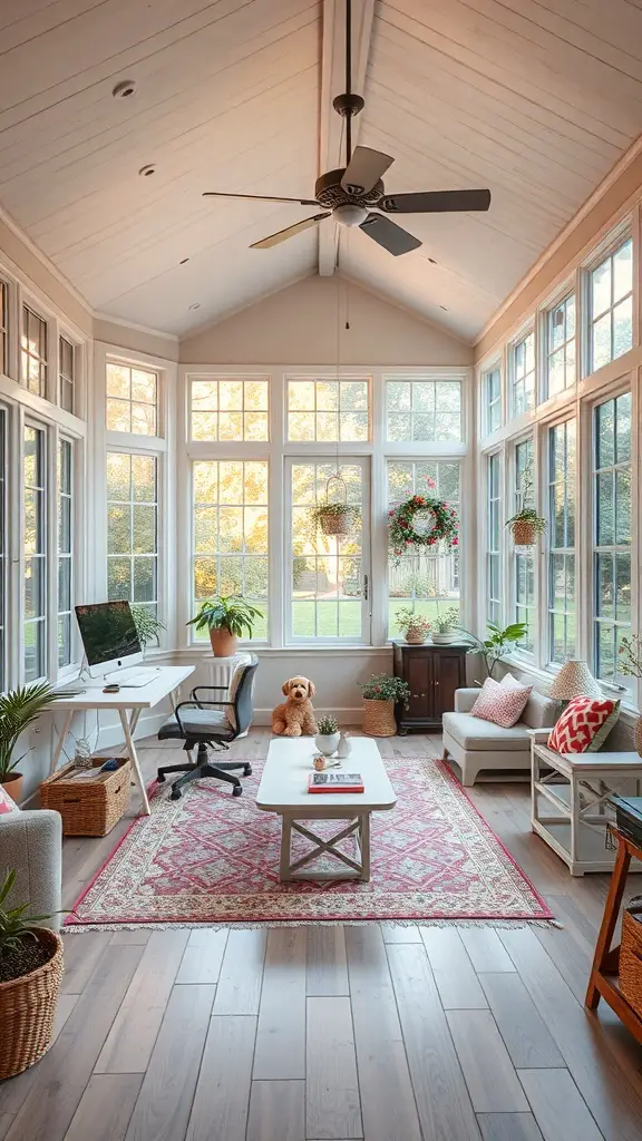 Bright sunroom with a desk, comfortable seating, and plants, showcasing a multi-functional space.