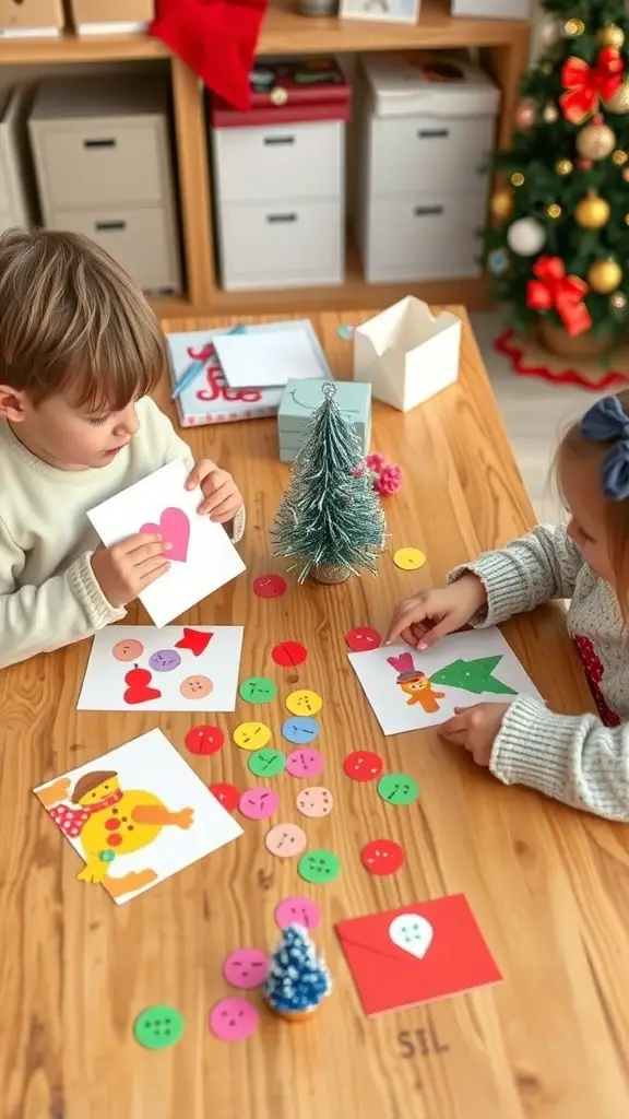 27+ Creative Winter Crafts Preschoolers Ideas 10 Two children making holiday cards with colorful buttons and decorations on a wooden table.