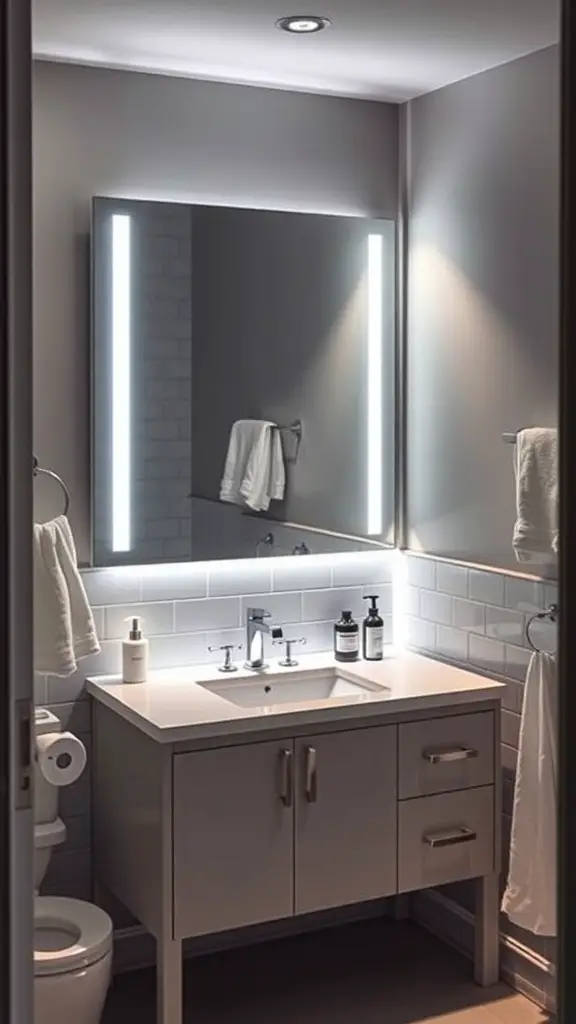 Modern bathroom vanity with bright task lighting around the mirror.