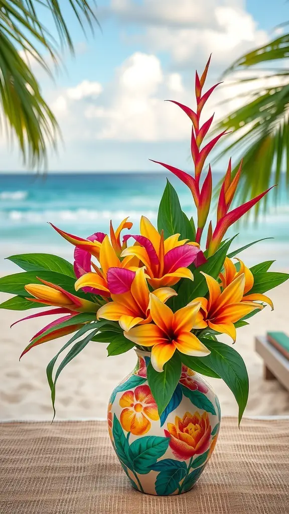 A vibrant tropical flower centerpiece featuring heliconias and lilies in a decorative vase, set against a beach backdrop.