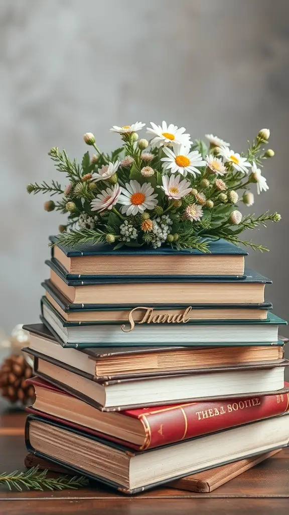 A vintage book stack with flowers on top, creating a cozy centerpiece.