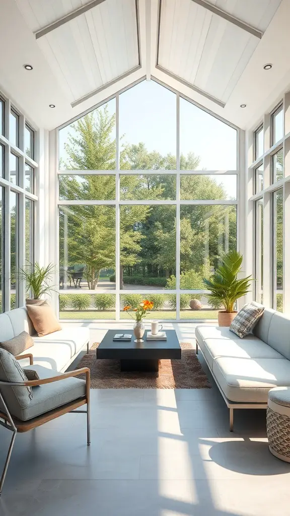 27+ Enclosed Sunroom Ideas to Brighten Your Home 16 A modern minimalist sunroom with large windows, simple furniture, and plants.