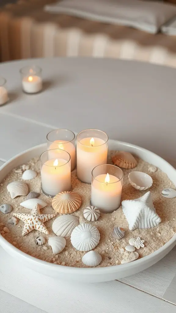 A beach-inspired centerpiece with floating candles, sand, and various shells in a white bowl.