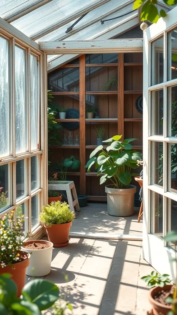 23+ Creative and Affordable DIY Greenhouse Ideas to Try 6 A cozy greenhouse made from repurposed windows, filled with plants and wooden shelves.
