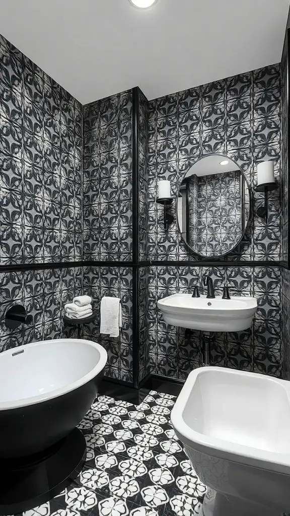 23+ Stunning Black and White Bathroom Ideas You'll Love 8 A stylish black and white bathroom featuring bold geometric patterns on the walls.