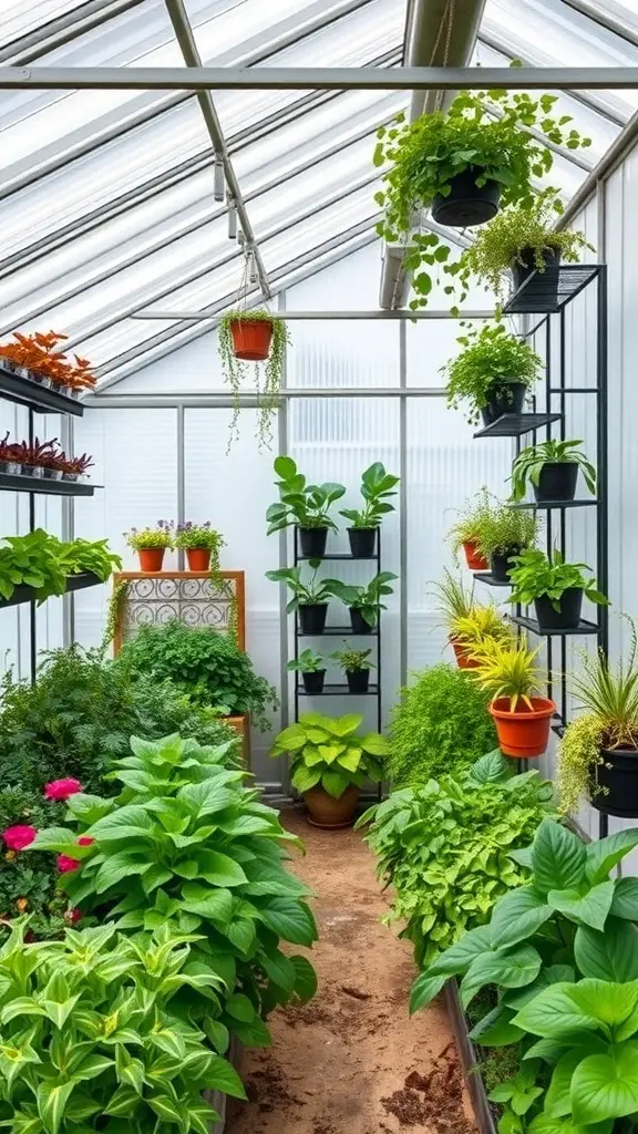 A vibrant greenhouse interior showcasing vertical gardening with shelves and hanging pots filled with various plants.