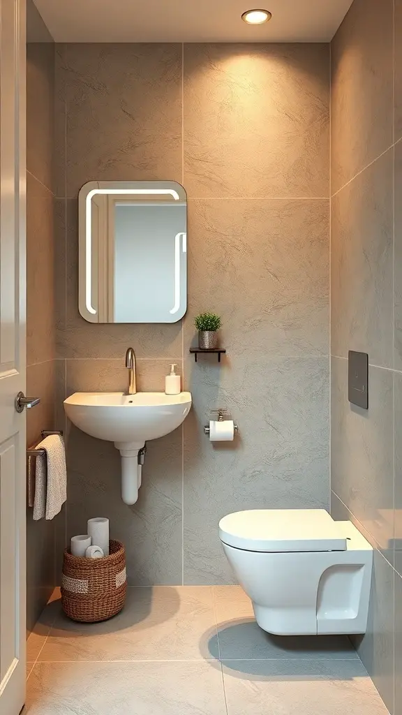 A small bathroom featuring a wall-mounted sink, a compact toilet, and recessed lighting.