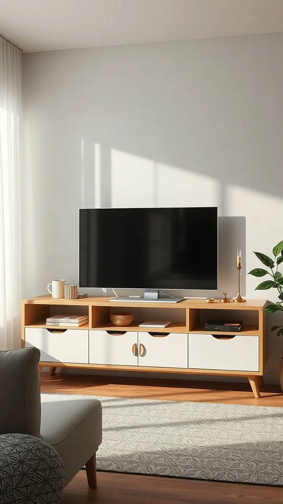 A modern TV console with a television, decorative items, and a cozy chair.