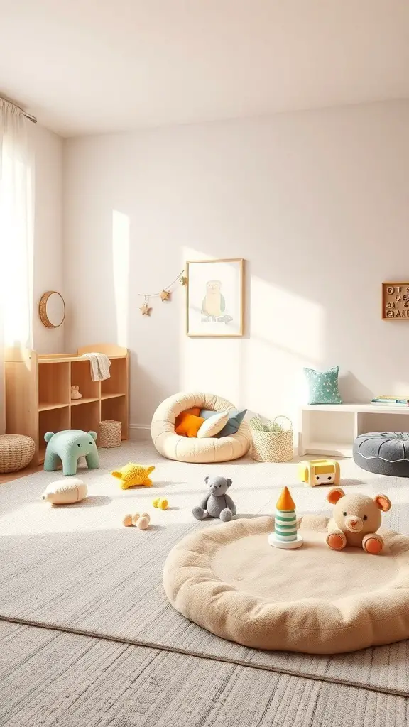 A cozy nursery with soft play areas, featuring plush toys and comfortable cushions.